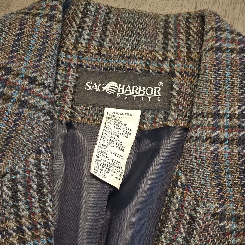 Vintage Sag Harbor Tartan Plaid Wool Blend Blazer Size 14 Petite One Button - Picture 6 of 9